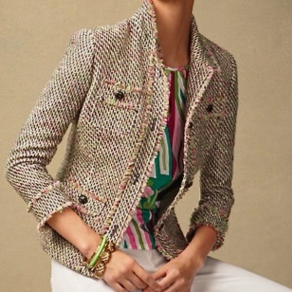 Talbots Jackets & Blazers - Talbots Jacket 10 Pink Green Neon Tweed Fringe Button Up Fray Edges Lined Coat